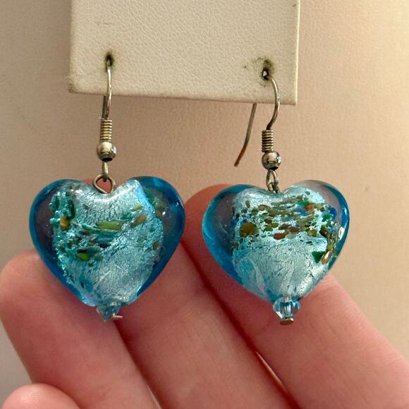 Handmade Jewelry - Heart-Shaped Blue & Green Artisan Glass Bead Earrings